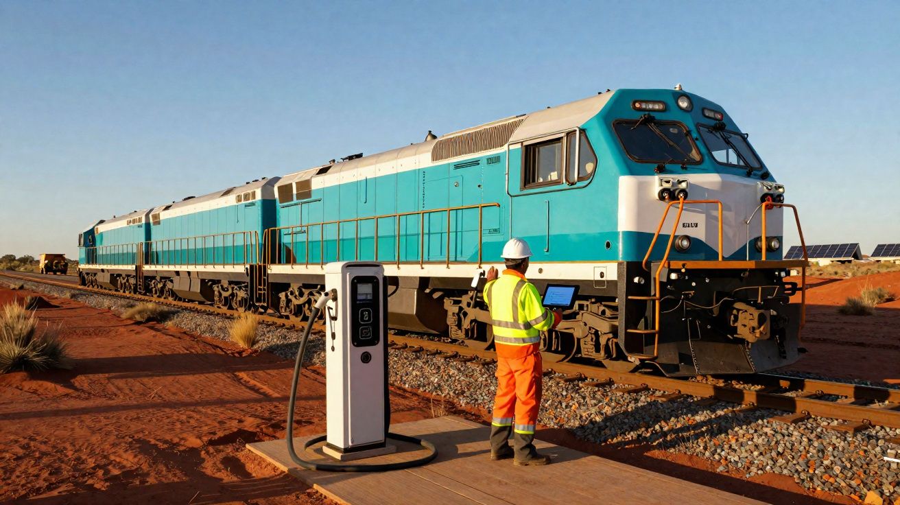 Technicien en tenue de sécurité contrôlant un train à proximité d'une borne de recharge électrique dans un désert rouge.