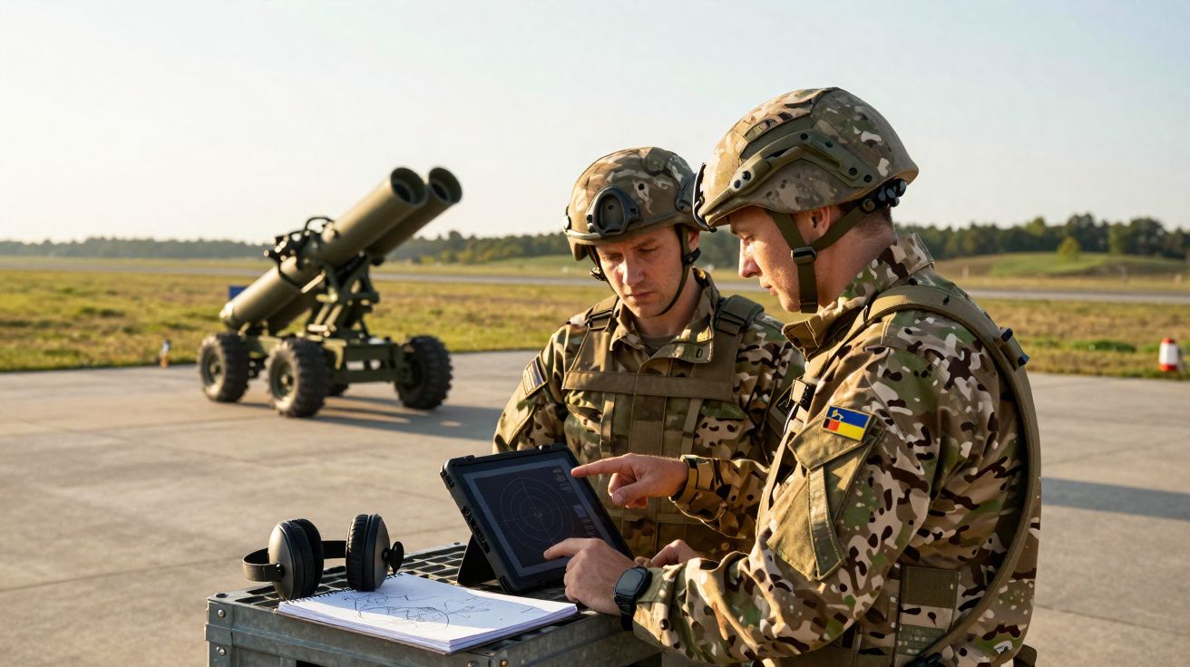 Deux soldats en tenue camouflage consultent une tablette près d'un équipement militaire sur piste extérieure.