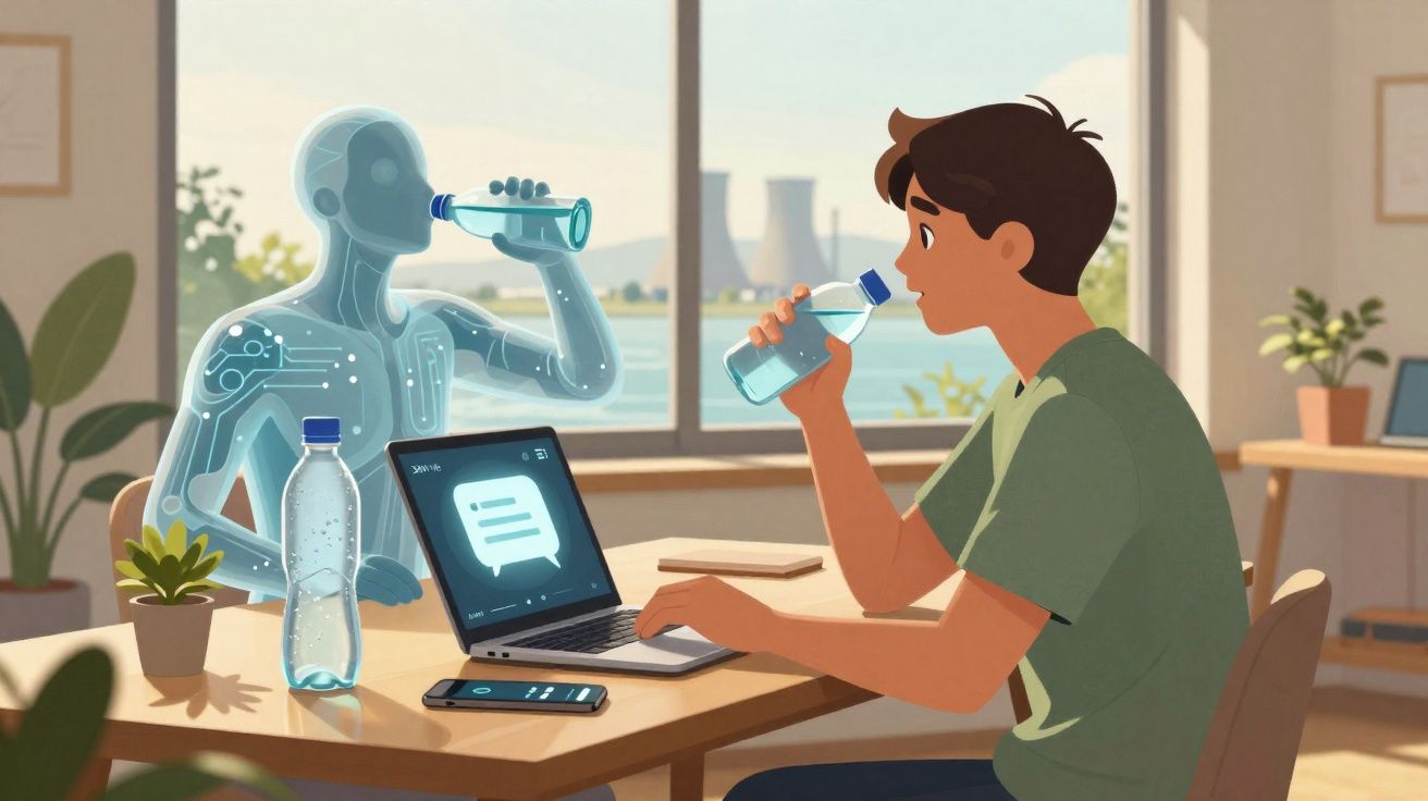 Un homme et un robot translucide boivent de l'eau en travaillant ensemble devant un ordinateur.