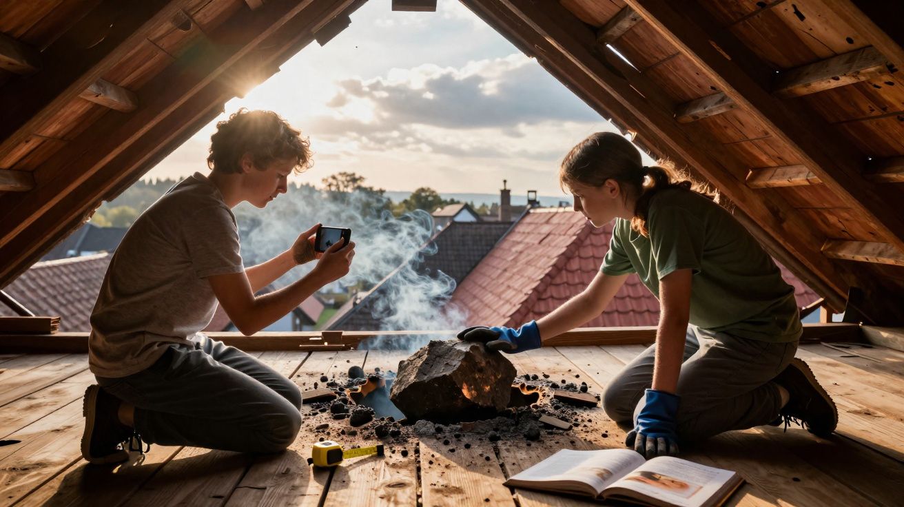 Deux enfants explorent une roche fumante dans un grenier en bois avec un livre ouvert et un smartphone.