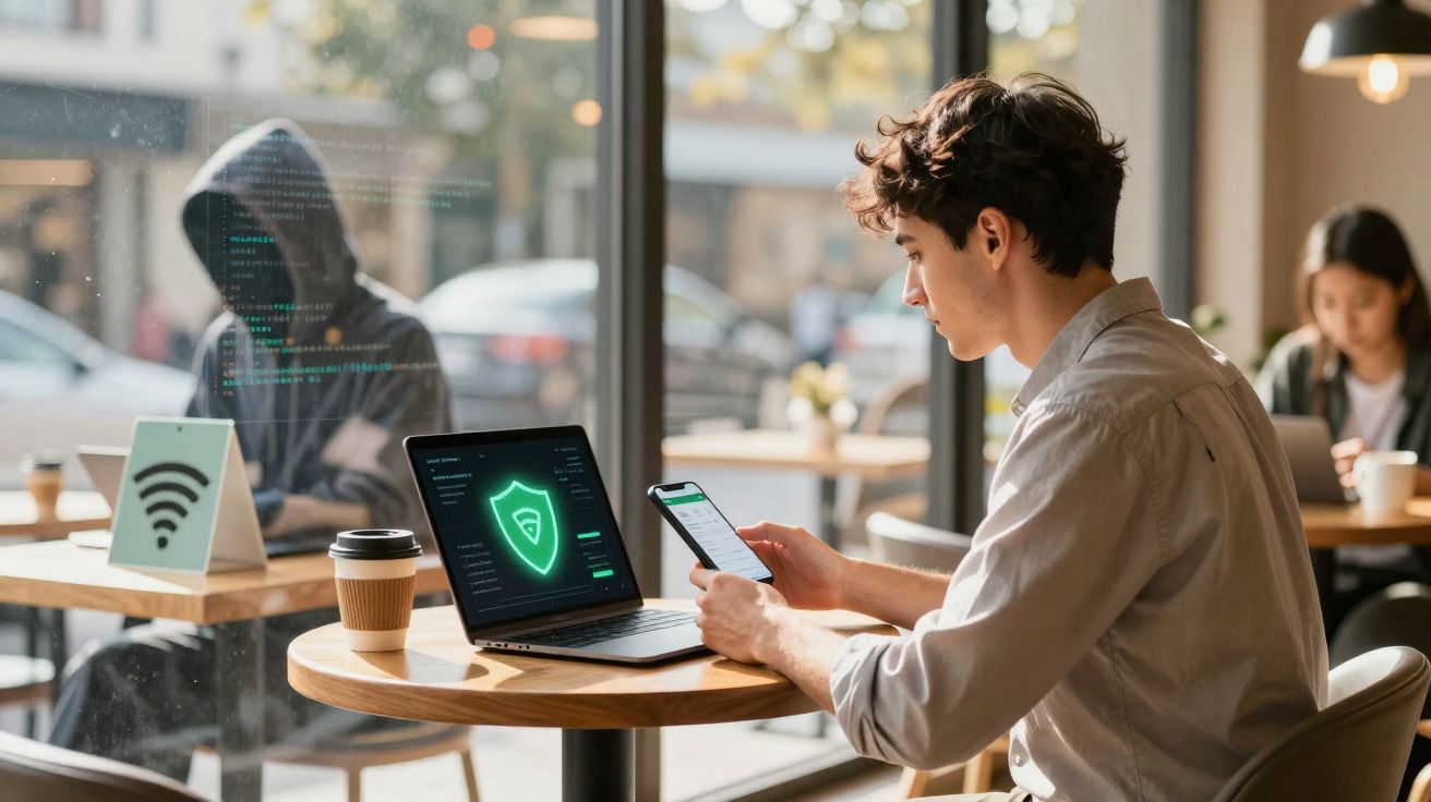 Jeune homme utilisant un smartphone et un ordinateur portable avec un écran de sécurité dans un café.