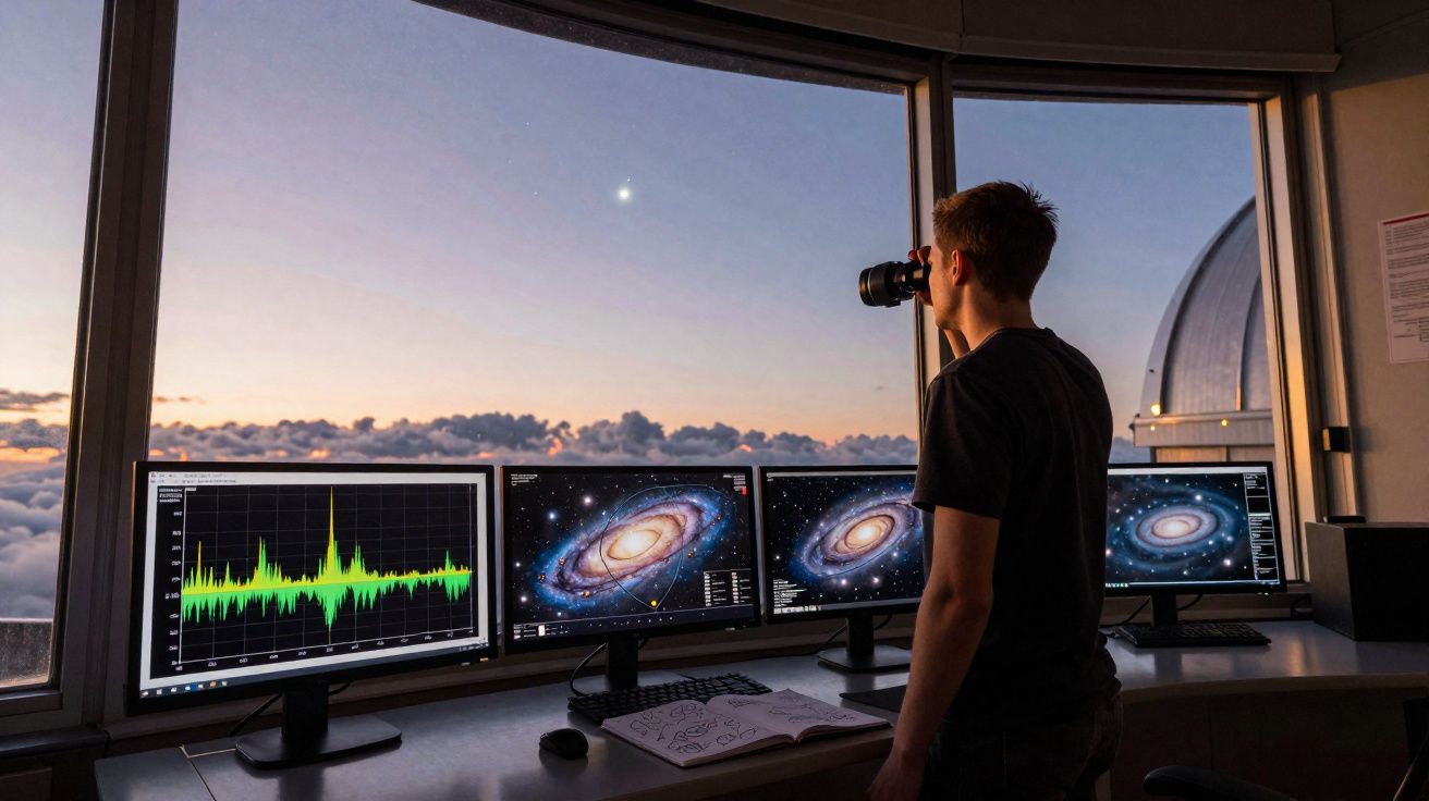 Jeune astronome observant le ciel au télescope avec trois écrans affichant des galaxies et des données.