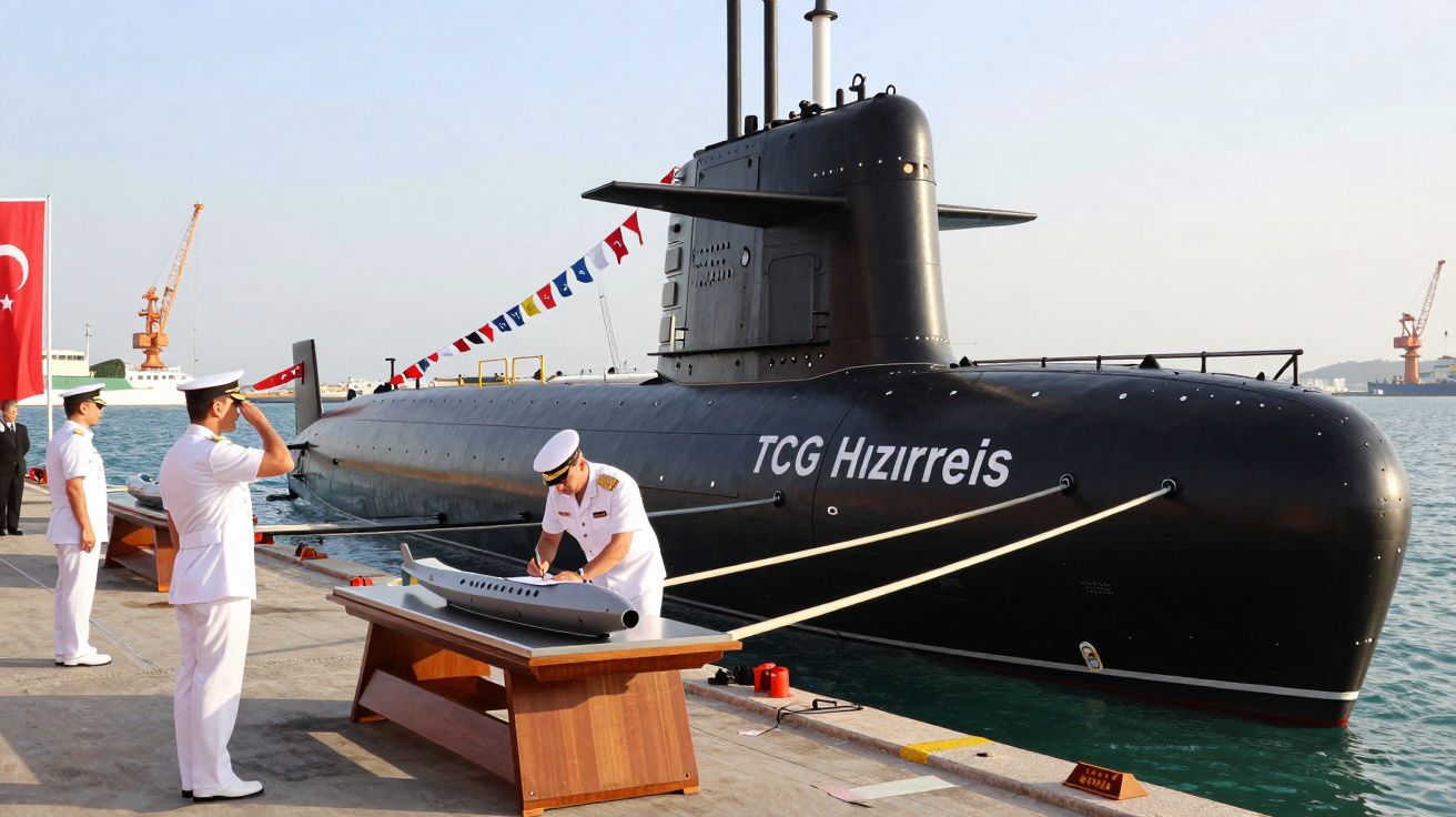 Sous-marin militaire TCG Hızırreis amarré, officiers en uniforme blanc sur le quai avec maquette et drapeaux.