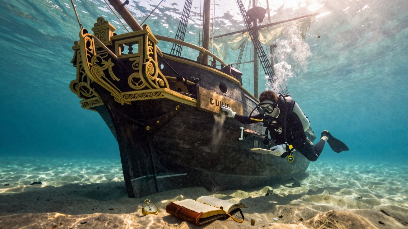 Plongeur explorant une épave de bateau pirate avec livres et boussole sur le sable marin.