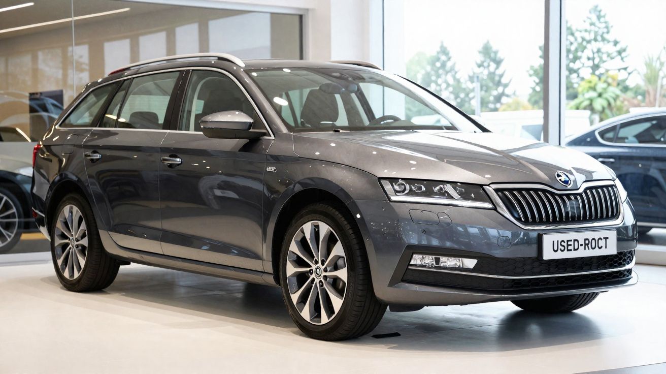 Voiture break grise en exposition dans un showroom avec des vitrines lumineuses en arrière-plan.