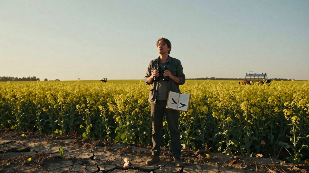Homme debout dans un champ de colza avec des jumelles et un cahier d'observation d'oiseaux sous un ciel clair.