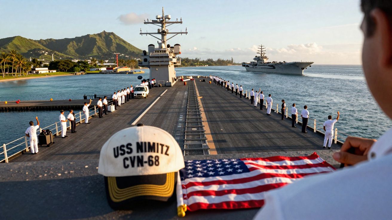 Porte-avions USS Nimitz à quai avec marins alignés saluant un autre navire en mer au coucher du soleil.