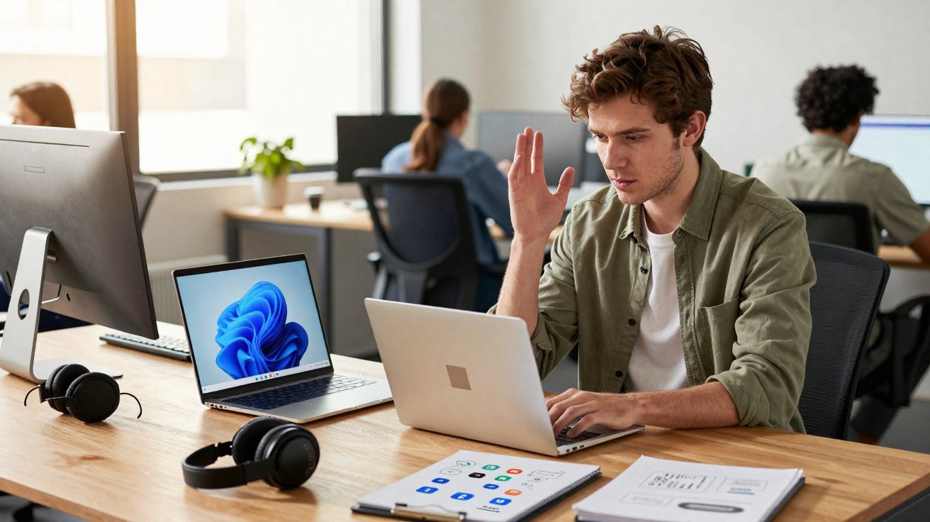 Jeune homme levant la main en travaillant sur un ordinateur portable dans un bureau partagé lumineux.