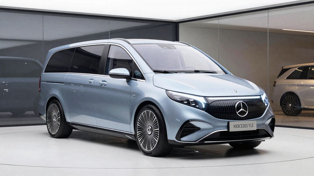 Véhicule électrique Mercedes VLE gris métallisé garé dans un showroom moderne avec de grandes fenêtres.