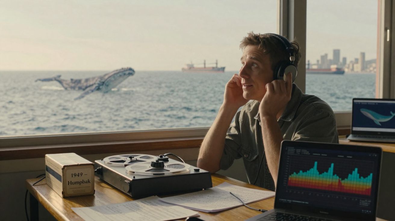 Homme écoutant avec un casque près d'une fenêtre donnant sur l'océan où une baleine saute hors de l'eau.