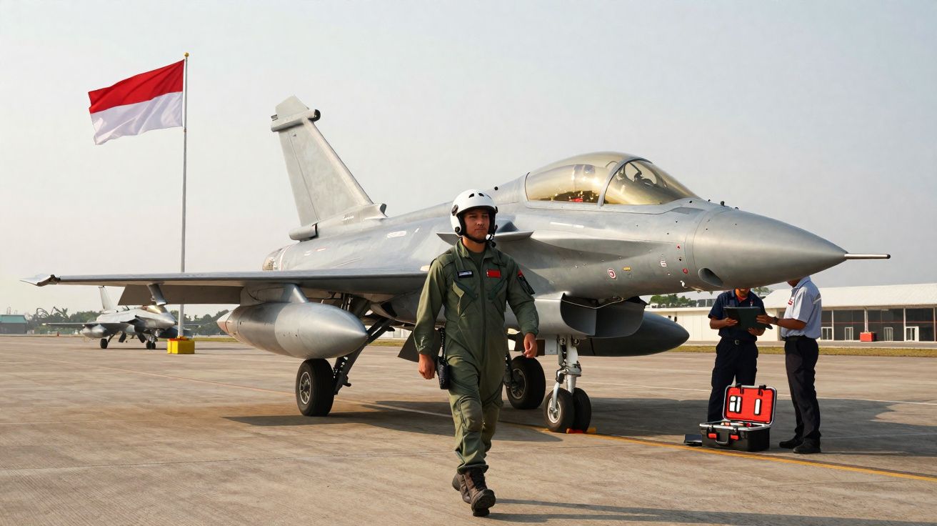 Un pilote en combinaison marche devant un avion de chasse gris sur une piste avec un drapeau indonésien.