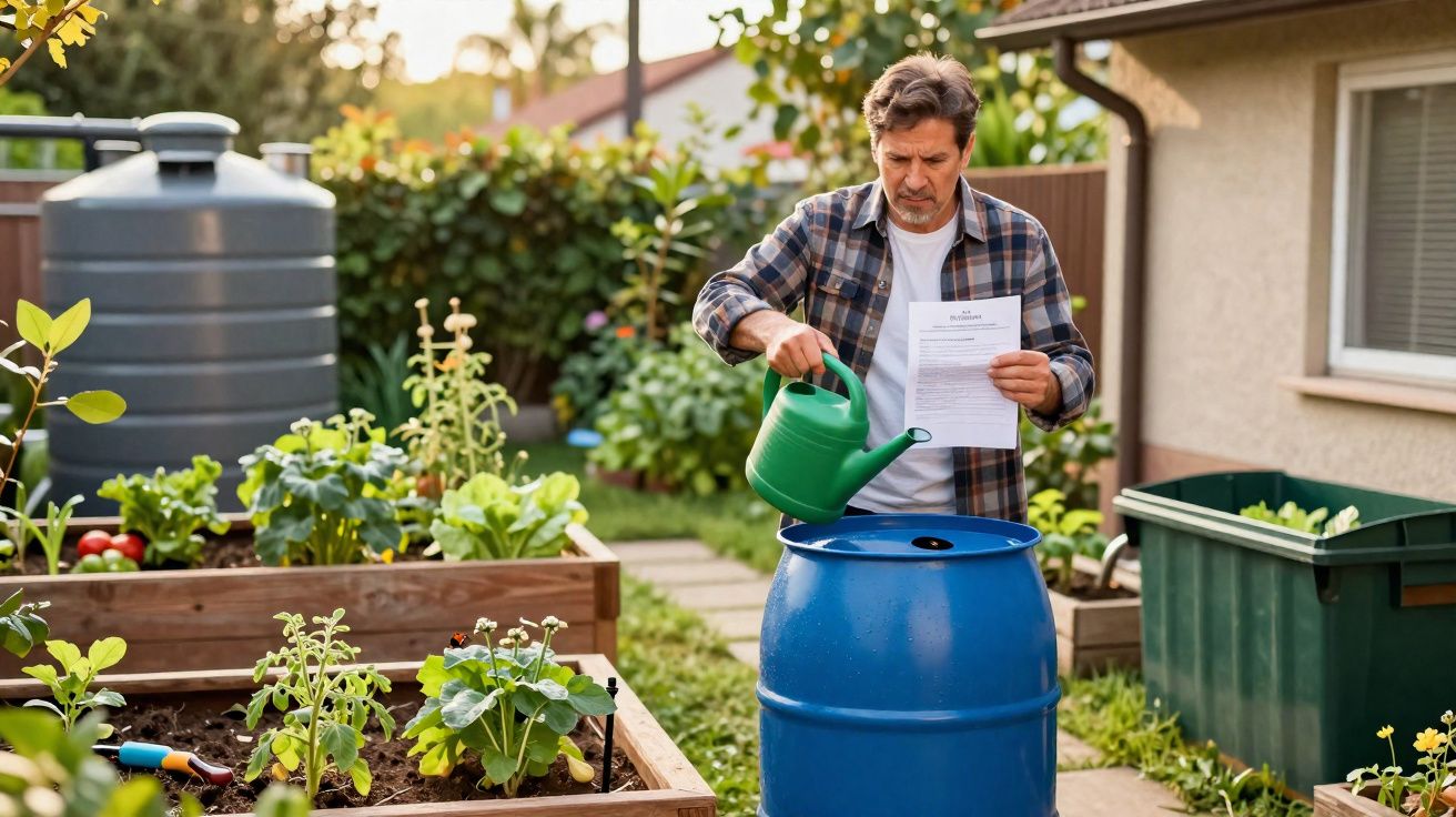 Homme arrosant un tonneau bleu dans un jardin potager avec des plans et des instructions à la main.