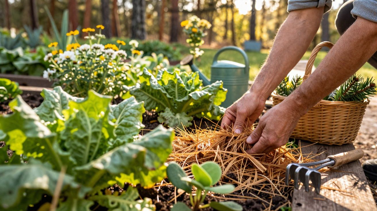 Mains disposant du paillis sur un potager avec légumes, fleurs, arrosoir et outils de jardin au soleil.