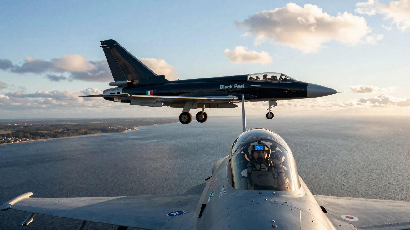 Deux avions de chasse en vol au-dessus de la mer avec un ciel partiellement nuageux au coucher du soleil.