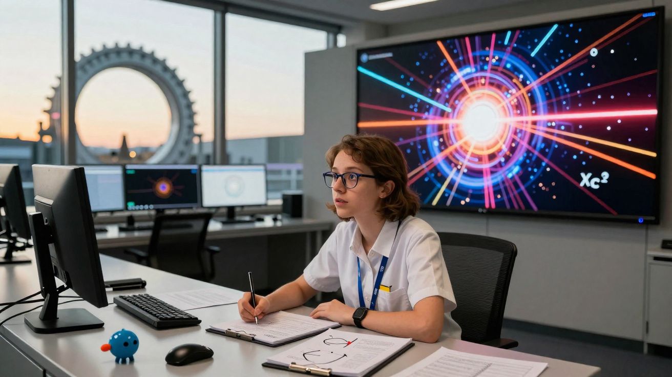 Jeune femme en tenue professionnelle travaillant sur un bureau avec écrans et schémas scientifiques en arrière-plan.
