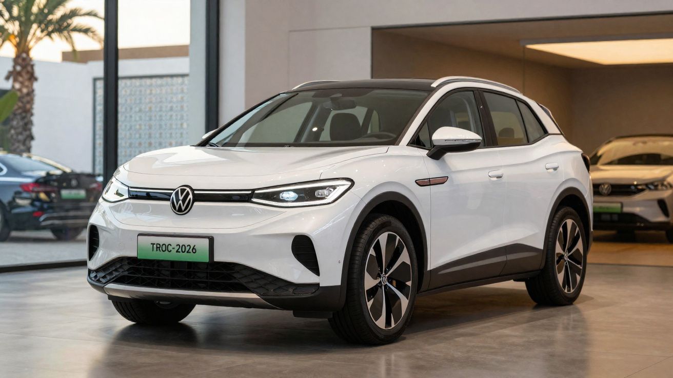 Voiture électrique Volkswagen T-Roc blanche garée dans un showroom lumineux avec des façades vitrées.