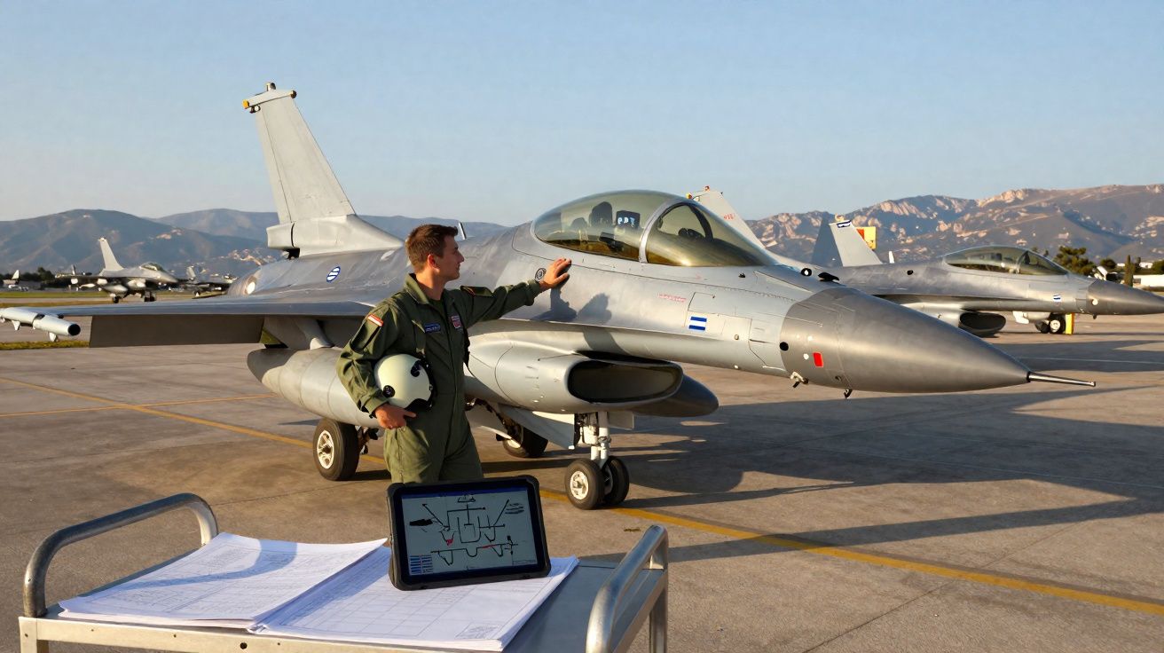 Pilote en tenue verte touchant un avion de chasse F-16 gris sur un tarmac ensoleillé avec d’autres jets en arrière-plan.