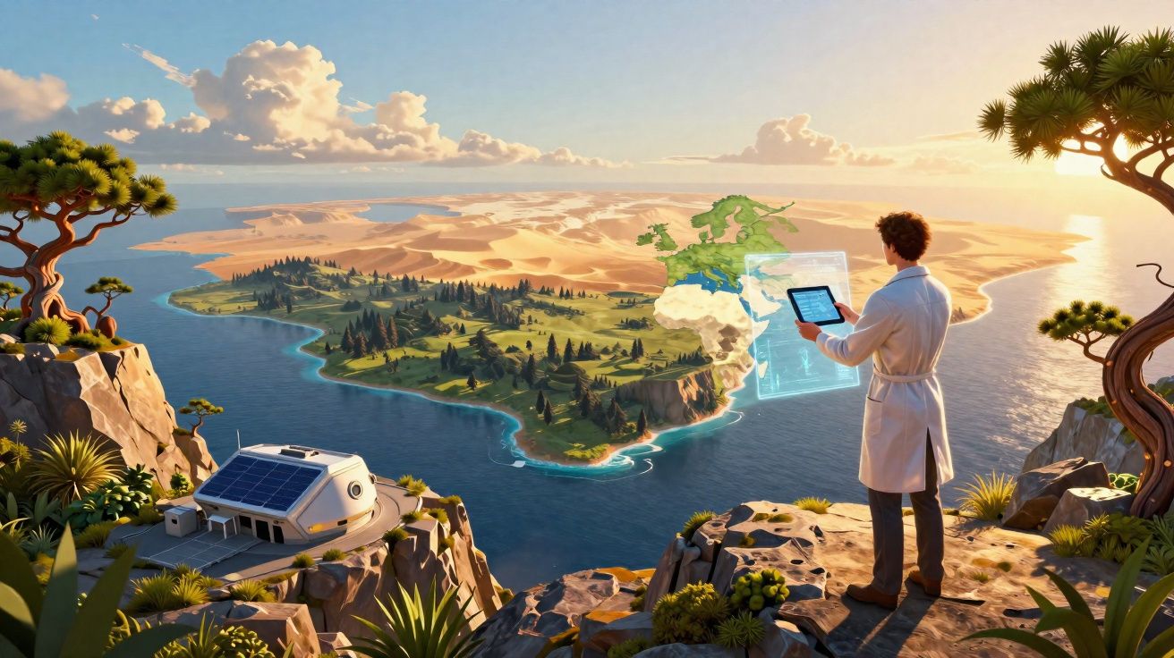 Scientifique avec tablette devant une île verdoyante entourée d'eau, montagnes et désert au loin.