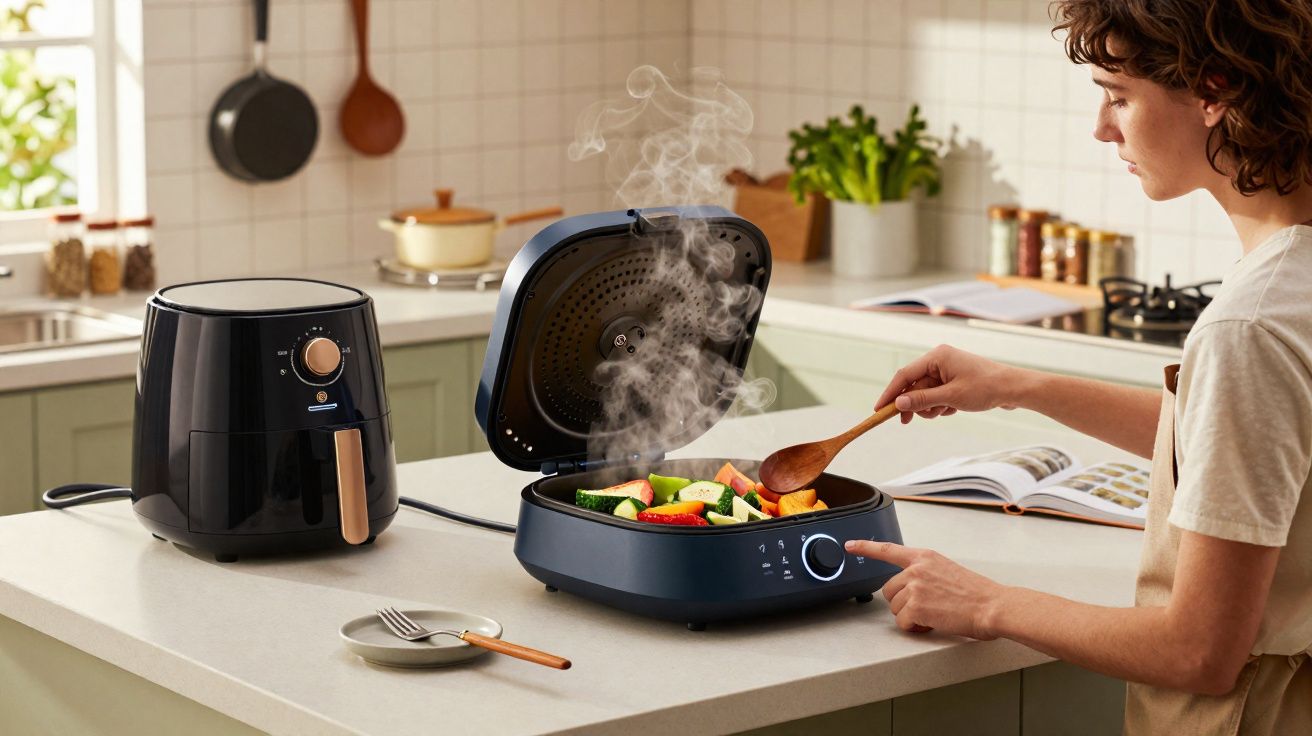 Femme cuisinant des légumes dans une poêle électrique fumante posée sur un plan de travail moderne.