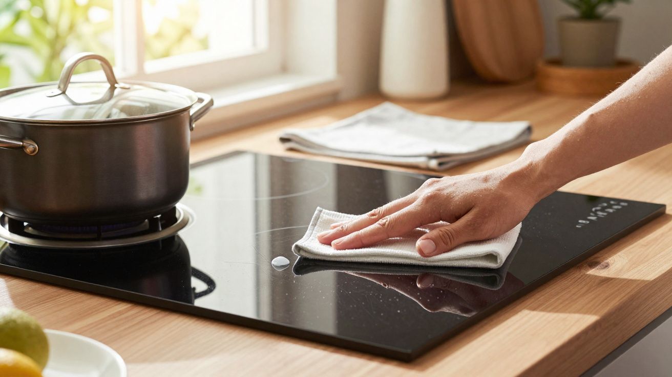 Main nettoyant une plaque de cuisson vitrocéramique noire avec un chiffon dans une cuisine lumineuse.