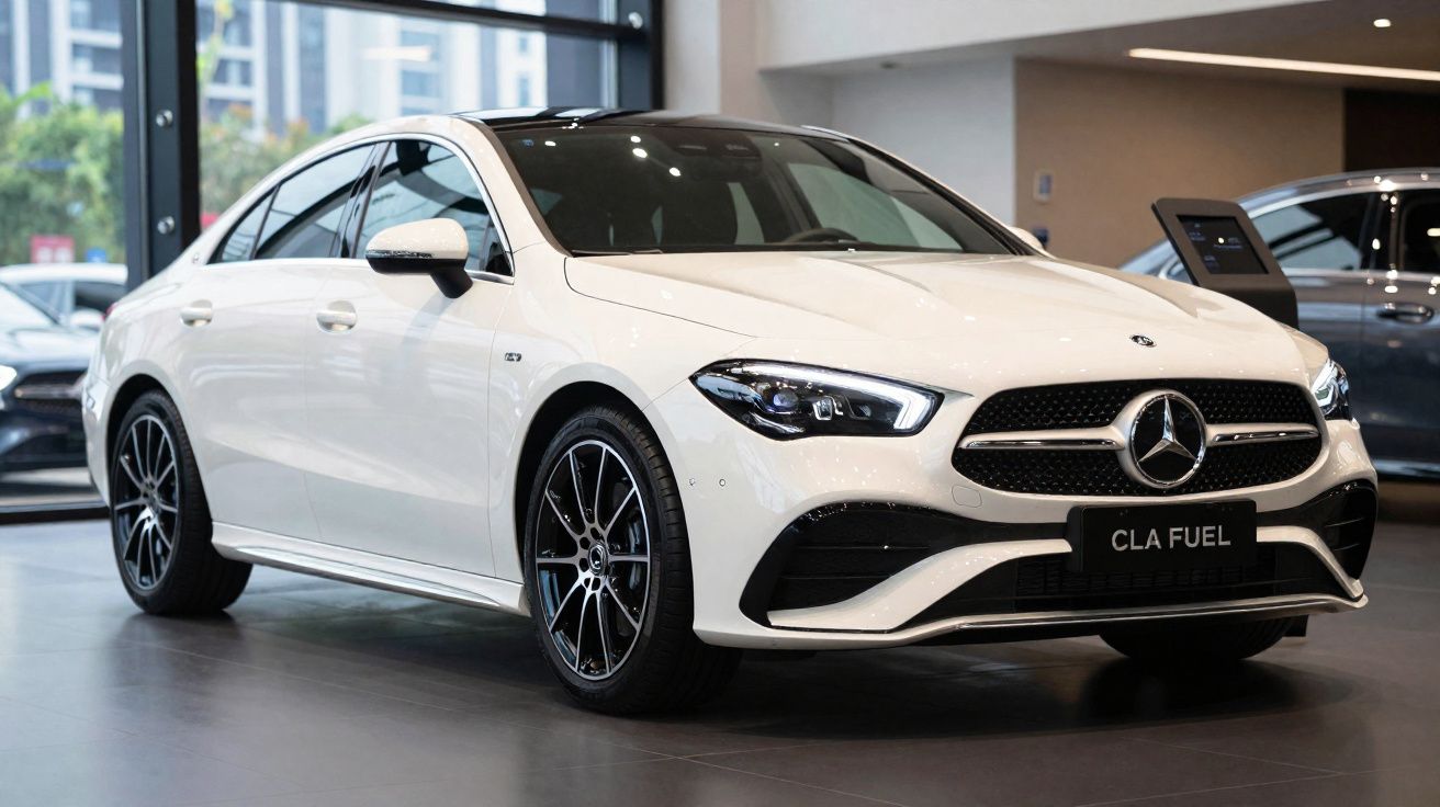 Voiture berline blanche Mercedes-Benz CLA Fuel exposée en intérieur dans une concession moderne.