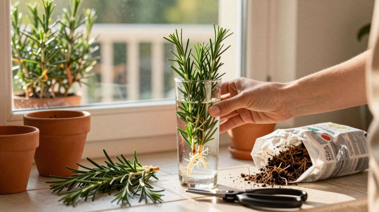 Brindille de romarin en eau dans un verre, mains à côté, pots en terre cuite et terre renversée sur une table.