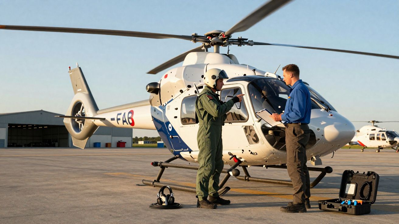 Deux hommes discutent près d'un hélicoptère blanc et bleu sur une piste d'aéroport au coucher du soleil.