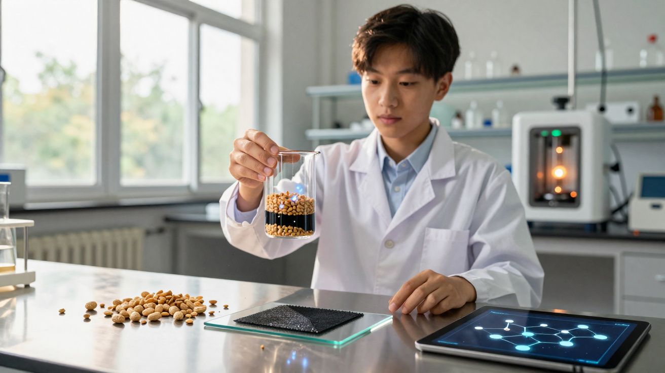 Jeune scientifique en blouse blanche manipulant un bécher avec des graines dans un laboratoire moderne.