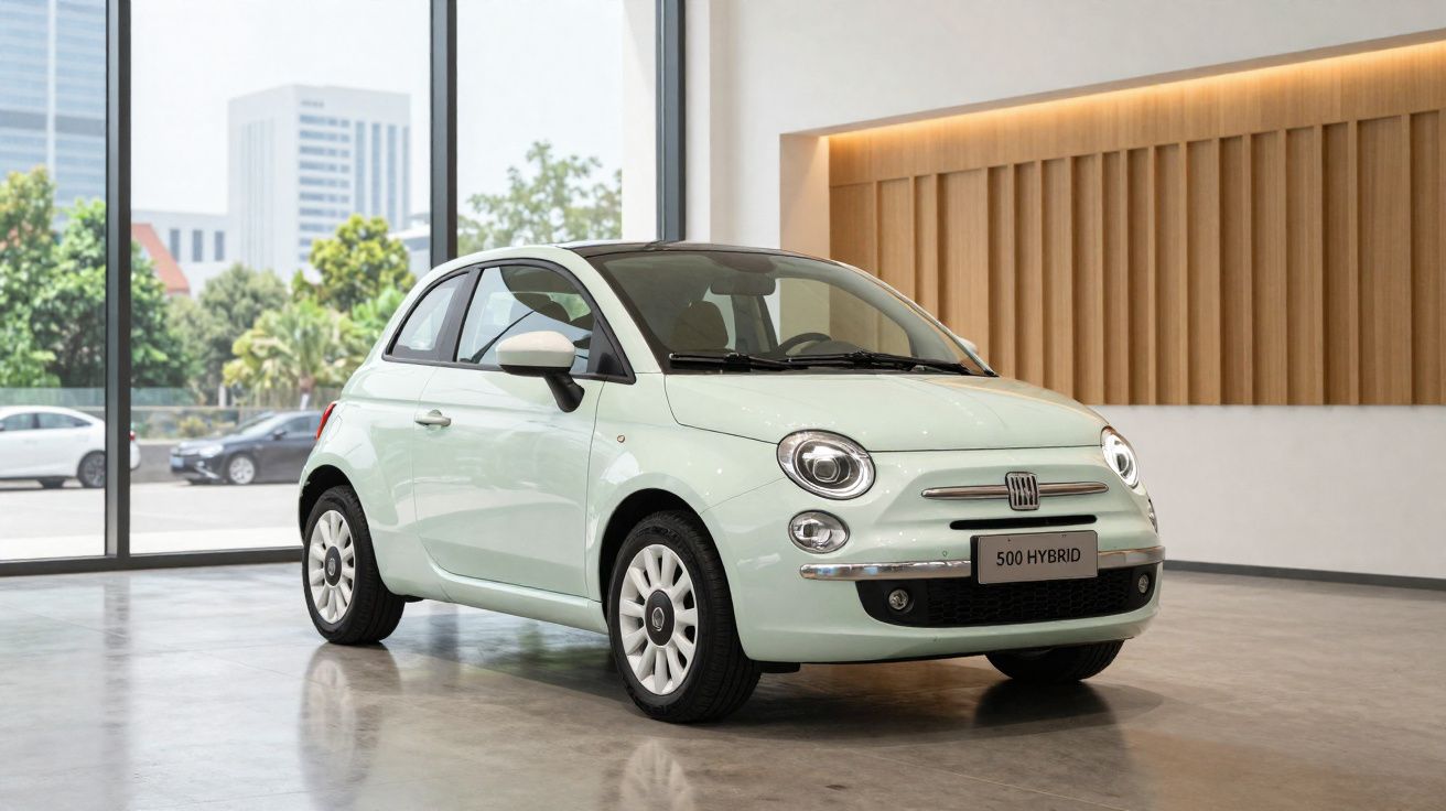 Voiture Fiat 500 hybride blanche exposée dans un showroom lumineux avec grandes baies vitrées.