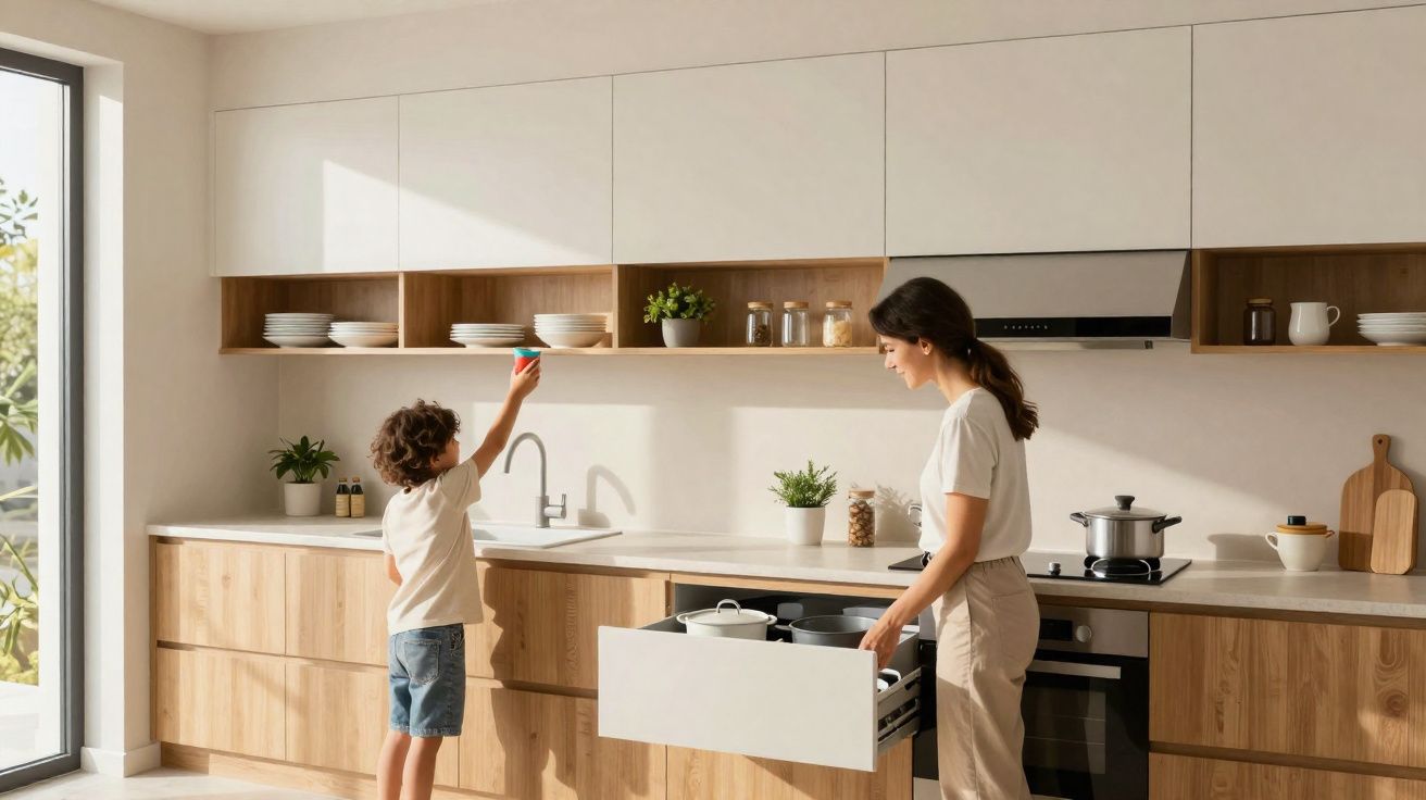 Femme et enfant organisant la cuisine moderne avec des armoires en bois clair et gadgets.