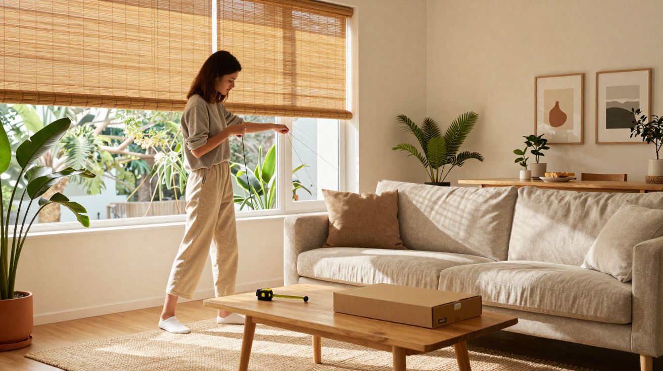 Femme tirant les stores dans un salon lumineux avec canapé beige, table en bois et plantes vertes.