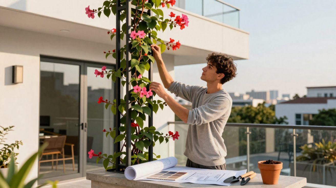 Jeune homme inspectant des fleurs roses sur une terrasse avec des plans et outils de jardinage.