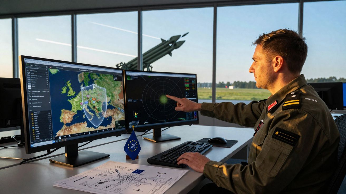 Militaire surveillant des écrans de radar et carte géographique dans un poste de commandement moderne.