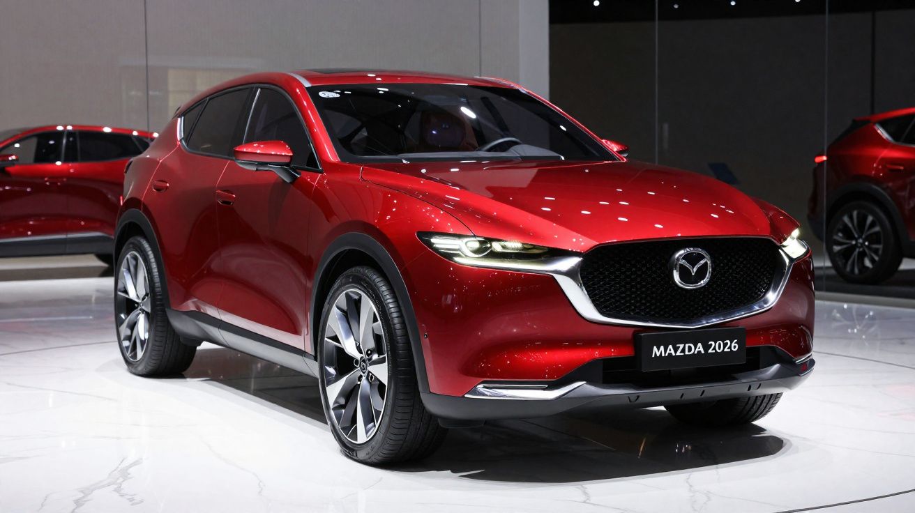 Voiture rouge Mazda 2026 exposée dans un showroom avec surfaces brillantes et éclairage moderne.
