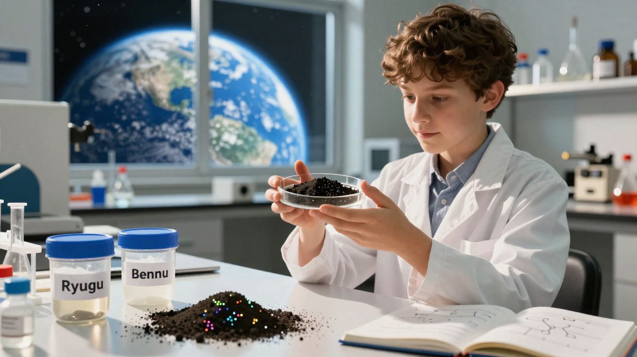 Jeune garçon en blouse blanche manipulant un échantillon de sol en laboratoire spatial avec vue sur la Terre.