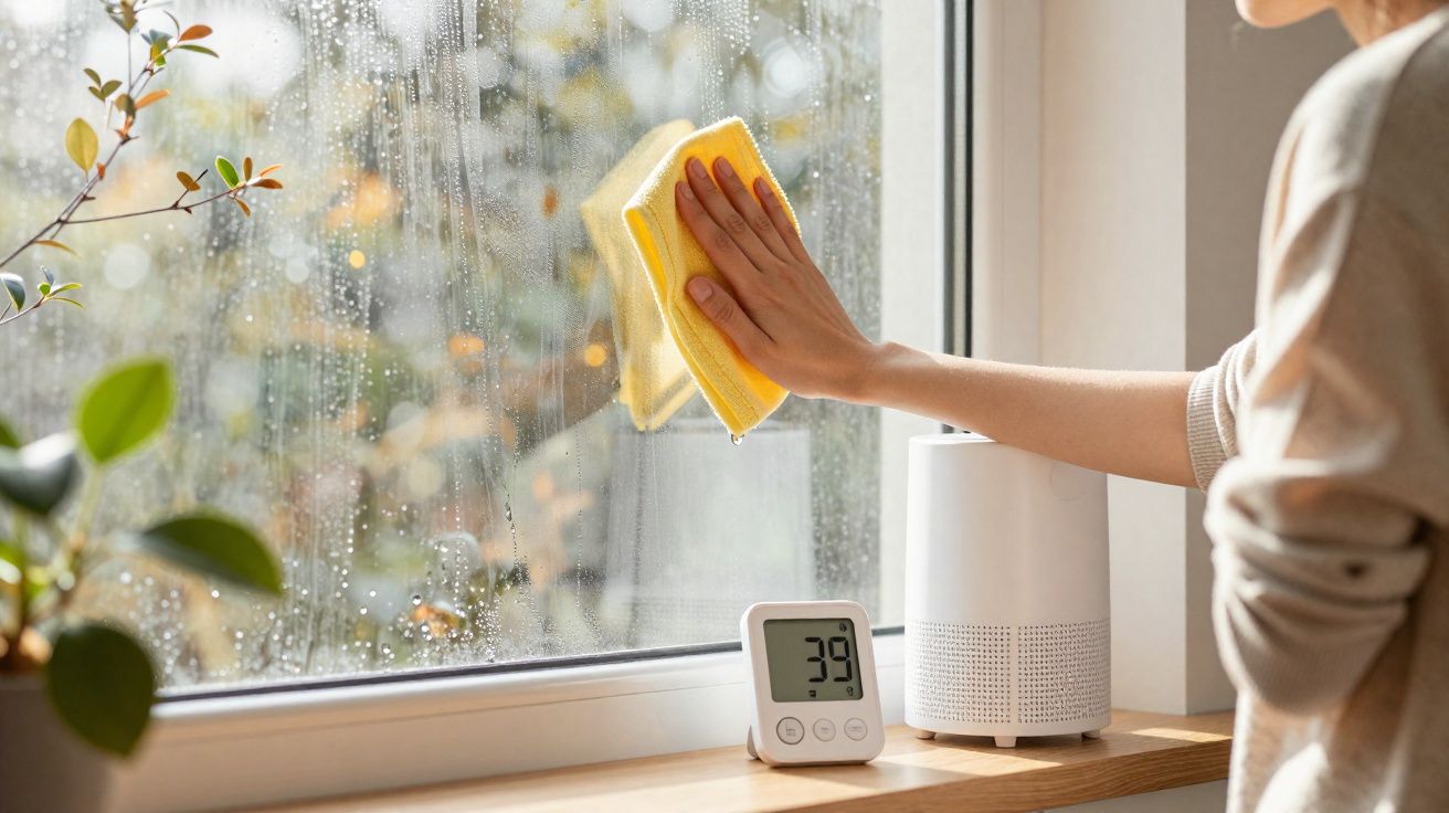 Une personne essuie une fenêtre mouillée avec un chiffon jaune par une journée pluvieuse.