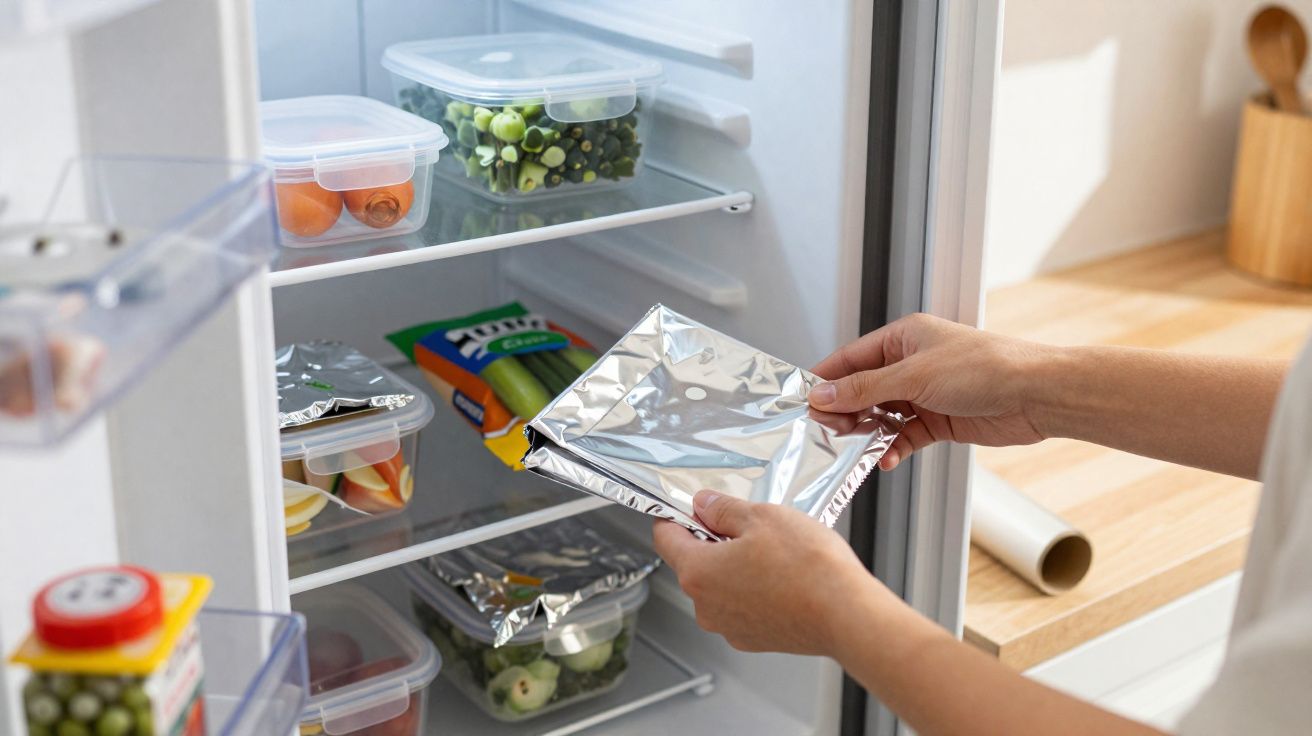 Mains plaçant un plat recouvert de papier aluminium dans un réfrigérateur contenant des aliments frais dans des boîtes plasti