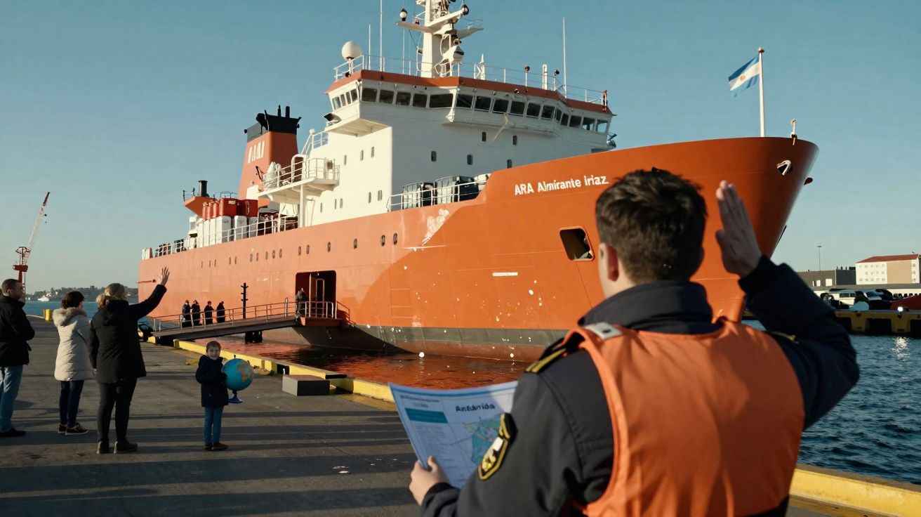 Personne en uniforme saluant un navire rouge ARA Almirante Irízar amarré au quai, avec des gens saluant en arrière-plan.