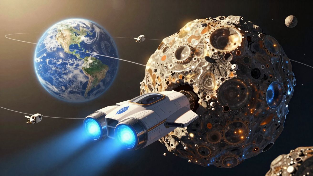 Vaisseau spatial s'éloignant d'un astéroïde crateré avec la Terre visible en arrière-plan dans l'espace.