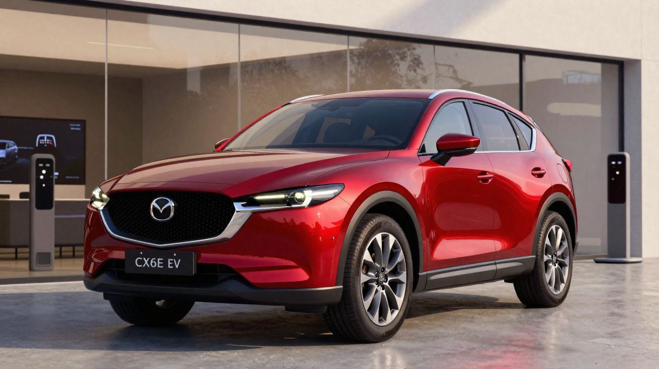 SUV électrique rouge Mazda CX-6E EV garé devant un showroom avec bornes de recharge.