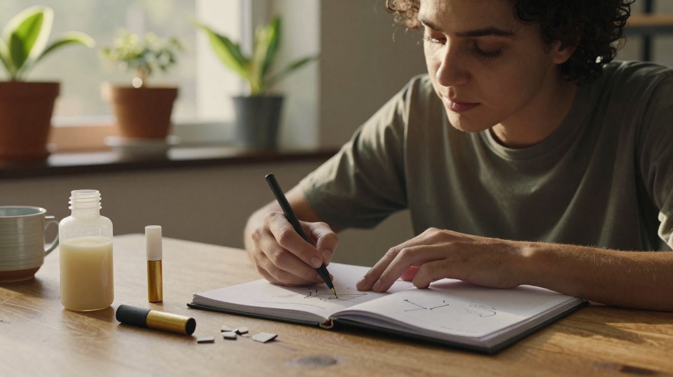 Une personne écrivant dans un carnet au bureau avec des plantes en arrière-plan.