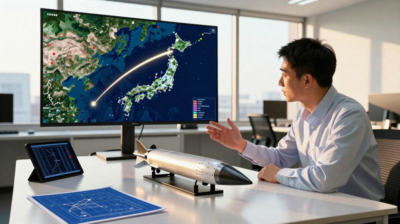 Homme expliquant trajectoire de missile sur écran avec maquette de missile et plans sur bureau en bureau moderne.