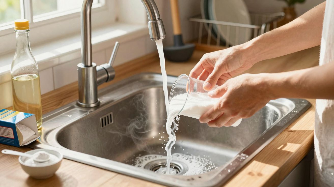 Personne versant du lait dans l'évier sous un robinet d'eau courante dans une cuisine lumineuse.