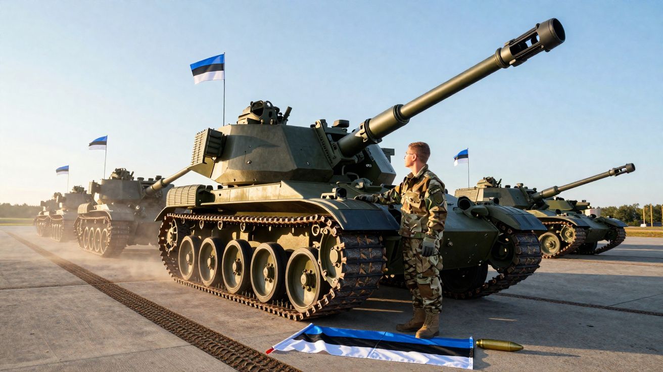 Soldat en uniforme debout à côté d’un char d’assaut avec drapeaux estoniens en plein jour sur une base militaire.