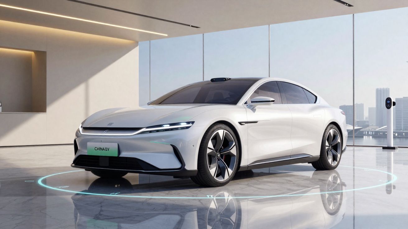 Voiture électrique blanche moderne garée dans un showroom lumineux avec vue sur la ville.