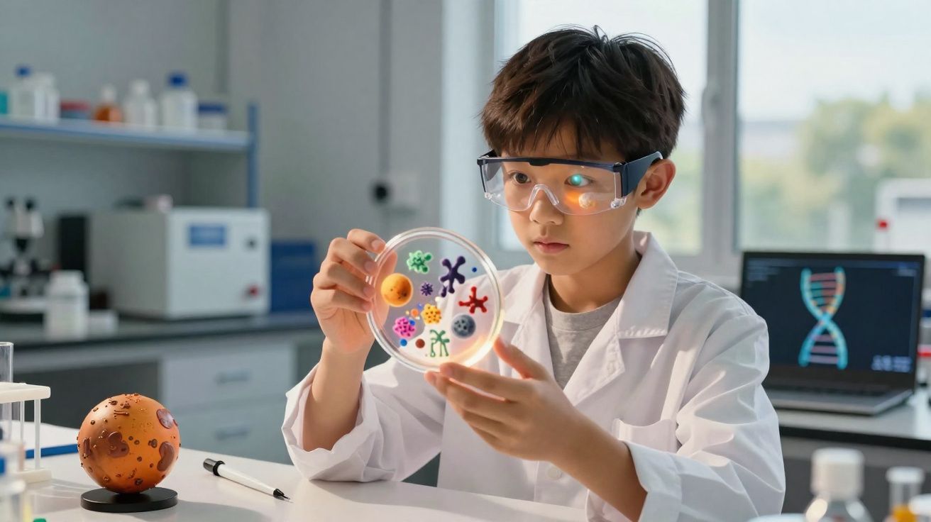 Jeune garçon en laboratoire observant une boîte de pétri avec des modèles colorés de microbes.