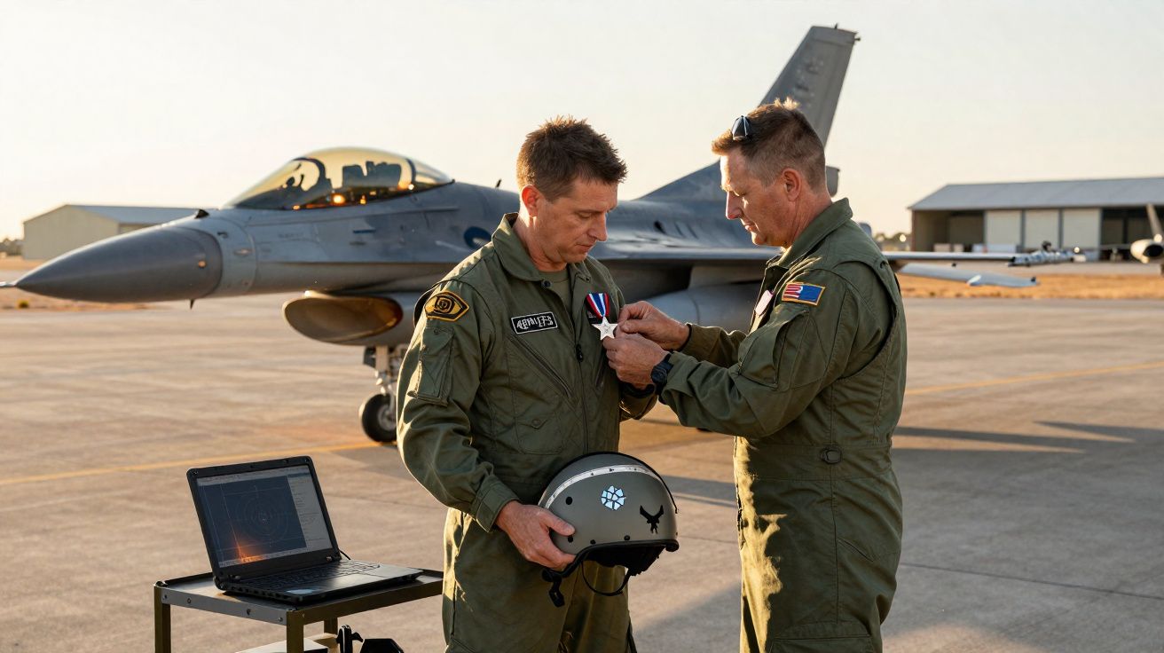 Deux pilotes militaires en tenue verte, un décor d'avion de chasse F-16 sur piste, remise de médaille.
