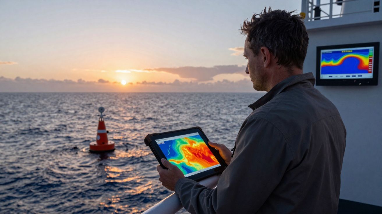 Homme sur un bateau utilise une tablette affichant une carte océanographique au coucher du soleil.