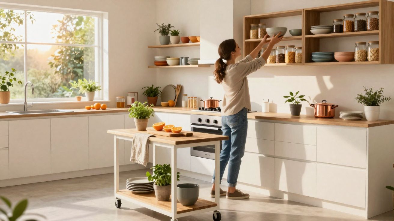 Femme rangeant de la vaisselle dans une cuisine moderne lumineuse avec îlot et plantes vertes.