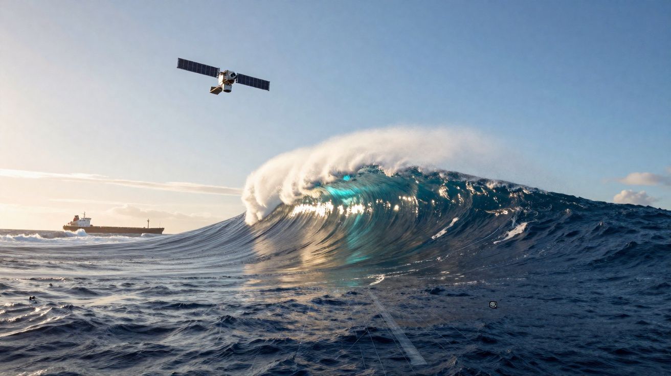 Satellite en orbite au-dessus d’une grande vague océanique avec un cargo à l’arrière-plan au coucher du soleil.